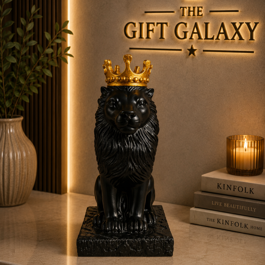 Crowned Black Lion Statue